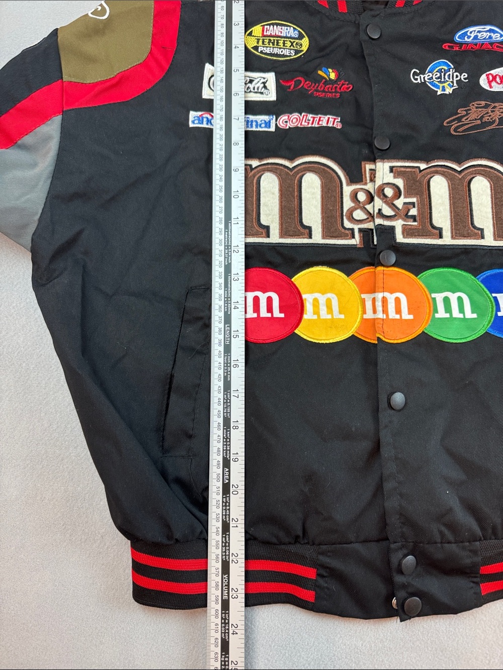 M&M's Black Racing Patch Bomber Jacket with Multicolor Patches - Picture 12 of 12